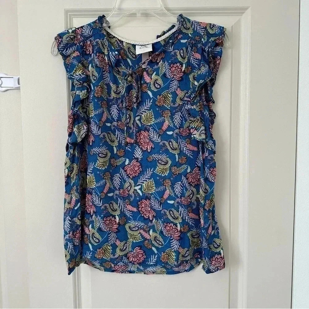 Knox Rose Blue Floral Front Tie Keyhole Flutter Off the Coast Sleeveless Top XS